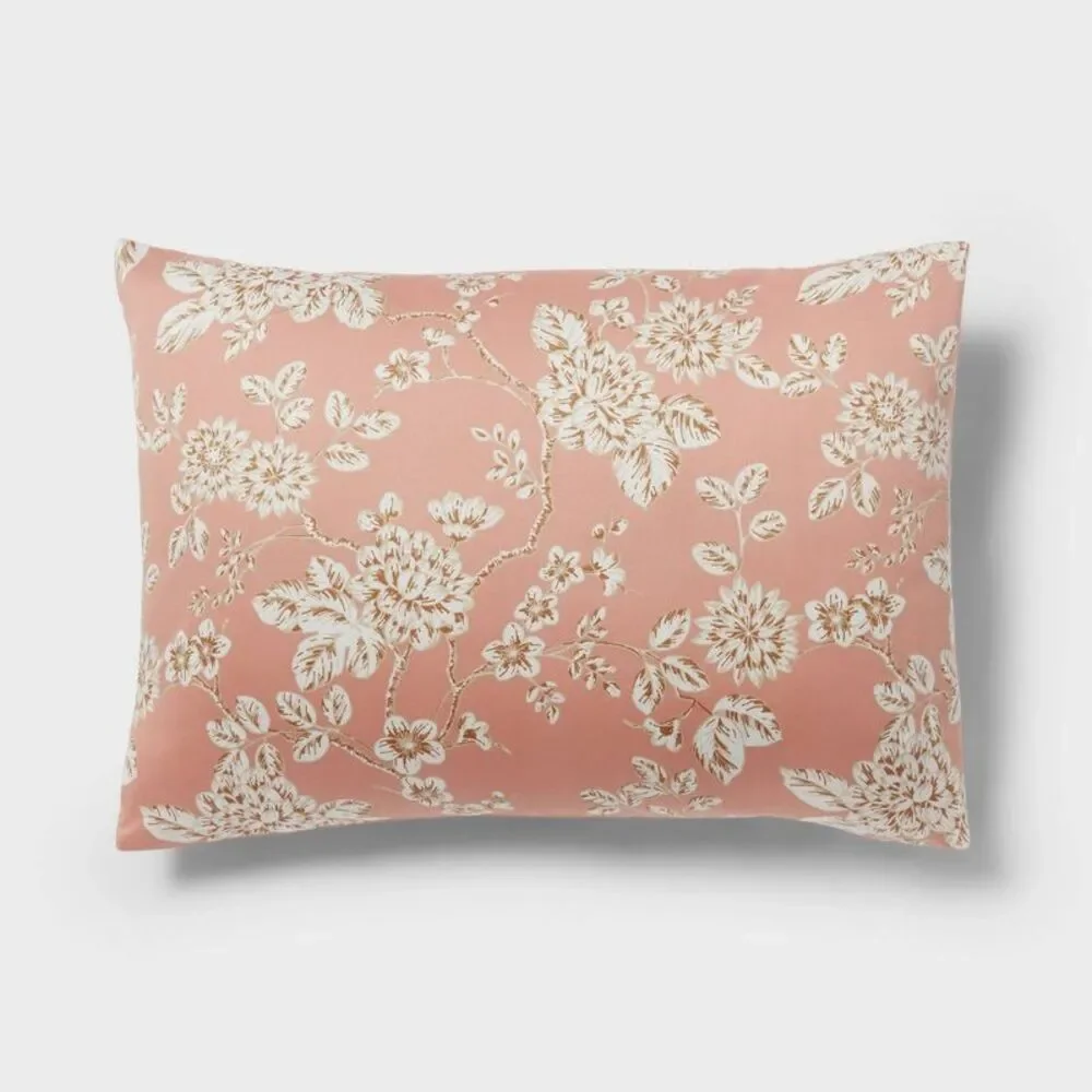 Full/Queen Floral Print Comforter Set - Light Pink Cotton Sateen